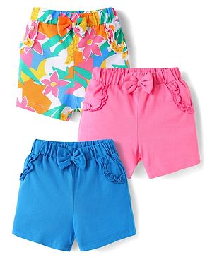 Babyhug Cotton Knit Mid Thigh Lenght Shorts with Floral Print & Bow Applique Pack of 3 - Blue White & Dark Pink