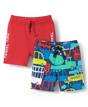Babyhug Cotton Knit Mid Thigh Shorts with Vehicle Print Pack of 2 - Red & Blue