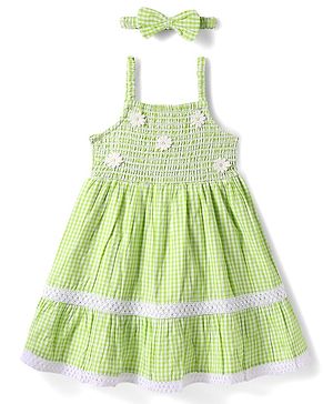 Babyhug Cotton Knit Sleeveless Checkered Frock with Headband Floral Embroidery & Smocking - Light Green