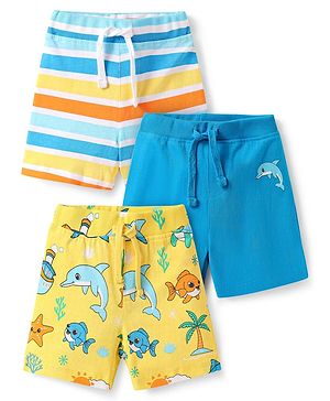 Babyhug Cotton Knit Mid Thigh Length Shorts with Sea Life Print & Stripes Pack of 3 - Blue & Yellow