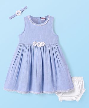Babyhug Cotton Woven Sleeveless Frock With Floral Applique Bloomer & Headband - Blue