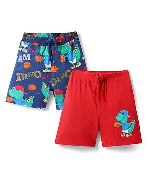 Babyhug Cotton Knit Mid Thigh Shorts with Dino Print Pack of 2 - Red & Navy Blue