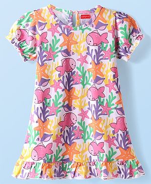 Babyhug Cotton Knit Puffed Sleeves Nighty With Sea Life Print - Pink & White