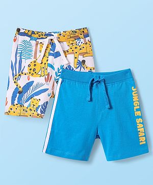 Babyhug Single Jersey Knit Mid Thigh Shorts with Animal & Jungle Safari Text Print Pack Of 2 - White & Blue