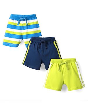 Babyhug Cotton Knit Mid Thigh Length Striped Shorts with Tape Detailing Pack of 3 - Light Green Navy & Light Blue