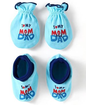 Babyhug Interlock Knit Mittens & Booties With Text Print - Light Blue