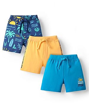 Babyhug Single Jersey Knit Mid Thigh Shorts With Tropical Theme Print Pack Of 3 - Navy Blue Yellow & Light Blue