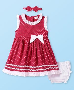 Babyhug Cotton Knit Sleeveless Frock Bloomer & Head Band with Lace Detailing - Red