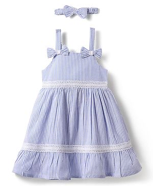 Babyhug Cotton Woven Sleeveless Frock & Headband With Stripes & Lace Detailing - Light Blue & White