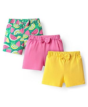 Babyhug Single Jersey Knit Mid Thigh Shorts With Tropical Theme Pack Of 3 - Yellow Pink & Light Green