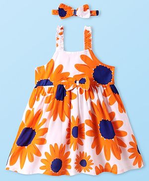 Babyhug Cotton Woven Sleeveless Frock With Sunflower Print & Headband - White