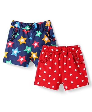 Babyhug Single Jersey Knit Mid Thigh Shorts With Polka Dot & Star Print & Bow Applique Pack of 2 - Red & Navy Blue