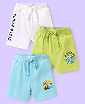 Babyhug Cotton Knit Mid Thigh Length Shorts with Beach Theme Print Pack of 3 - White Light Blue & Green