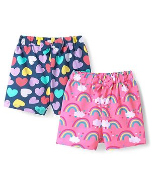 Babyhug Single Jersey Knit Mid Thigh Shorts With Heart & Rainbow Print & Bow Applique Pack of 2 - Pink & Navy Blue