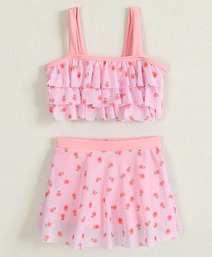 Babyhug Sleeveless Two Piece Swimsuit With Floral Print - Pink