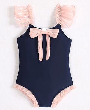 Babyhug Frill Sleeves V Cut Swimsuit With Bow Applique - Navy Blue