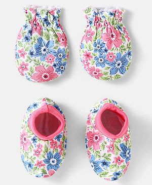 Babyhug 100% Cotton Knit Mittens & Booties With Floral Print - White