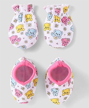 Babyhug 100% Cotton Knit Mittens & Booties with Teddy Print - White & Pink