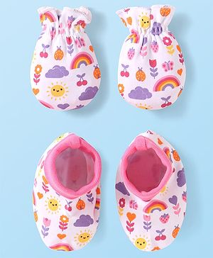 Babyhug 100% Cotton Knit Mittens & Booties Set with Floral & Bee Print - Pink