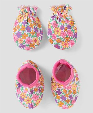 Babyhug 100% Cotton Knit Mittens & Booties with Floral Print - White & Pink