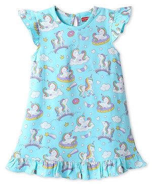 Babyhug Cotton Knit Frill Sleeves Nighty with Unicorn Print - Light Blue