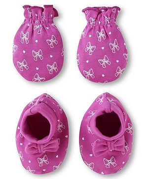 Babyhug 100% Cotton Knit Mittens & Booties Set with Bow & Hearts Print - Dark Pink