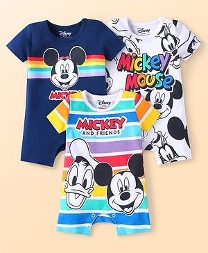 Babyhug Disney Interlock Knit Half Sleeves Rompers with Mickey Mouse & Friends Graphics  Pack of 3 - Navy Blue & White