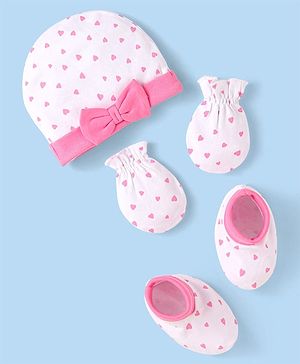 Babyhug 100% Cotton Knit Cap Mittens & Booties With Heart Print & Bow Applique White & Pink - Diameter 10 cm