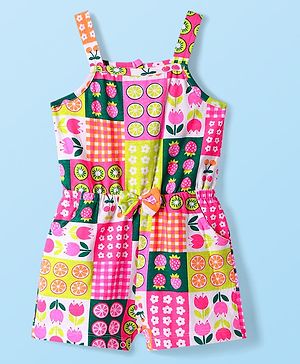 Babyhug Cotton Knit Sleeveless Jumpsuit With Floral & Fruit Print & Bow Applique - Pink