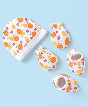 Babyhug 100% Cotton Cap Mittens And Booties Fruit Printed - White & Orange