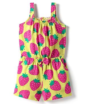 Babyhug Cotton Knit Sleeveless Strawberry Printed Jumpsuit with Bow Applique - Limegreen