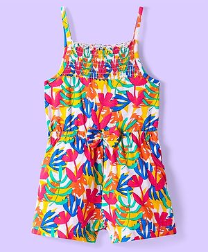 Babyhug Cotton Knit Singlet Sleeves Jumpsuit With Floral Print - Milticolor