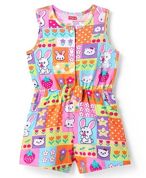Babyhug Cotton Knit Sleeveless Jumpsuit with Jungle Theme Print & Bow Applique - Multicolor