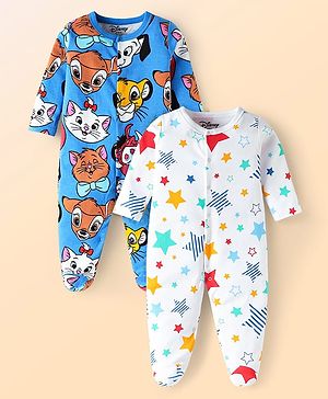 Babyhug Disney Interlock Knit Full Sleeves Footed Sleep Suits with Star & Disney Character Graphics Pack of 2 - White & Blue