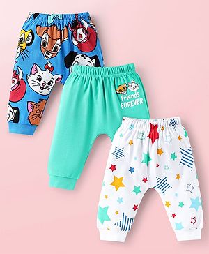 Babyhug Disney Interlock Knit Ankle Length Diaper Legging With Disney Character Graphic Pack Of 3 - Aqua Blue & White