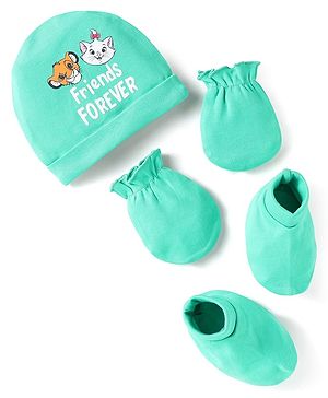 Babyhug Disney Interlock Knit Cap Mittens & Booties Set With Disney Character Print Sea Green - Diameter 13 cm