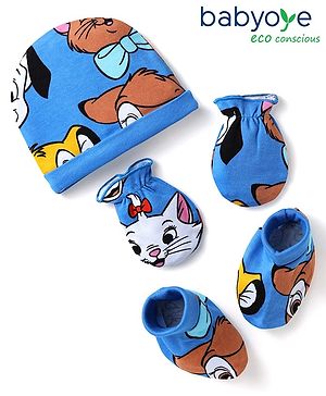 Babyhug Disney Interlock Knit Caps Mittens & Booties Set With Disney Character Print Blue - Diameter 12 cm