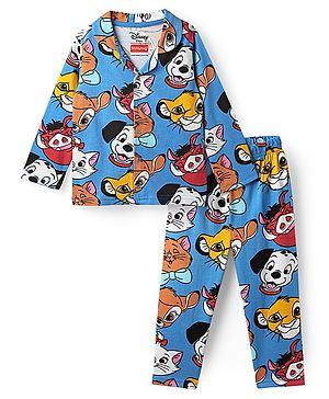Babyhug Disney Single Jersey Knit Full Sleeves Co-Ord Night Suit With Disney Characters Print - Blue