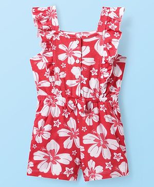 Babyhug Cotton Knit Frill Sleeves Jumpsuit with Floral Print & Bow Applique - Red