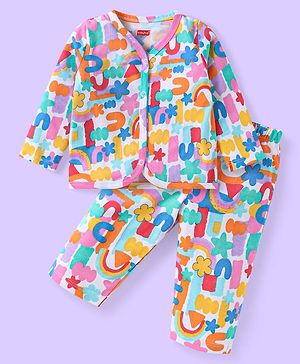 Babyhug Single Jersey Knit Full Sleeves Printed Night Suit - White
