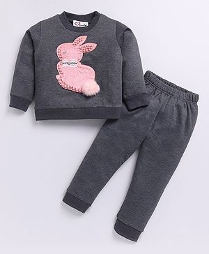 M'andy Fleece Full Sleeves Pearl Embellished Rabbit Patch Coordinating Track Suit Set - Grey