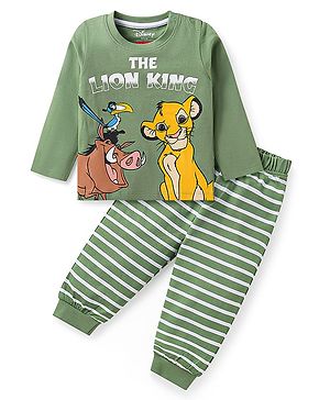 Babyhug Disney Single Jersey Knit Full Sleeves Night Suit with Simba & Friends Graphics & Stripes - Green