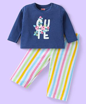 Babyhug Single Jersey Knit Full Sleeves Floral Printed T-Shirt & Striped Lounge Pant Set - Navy Blue