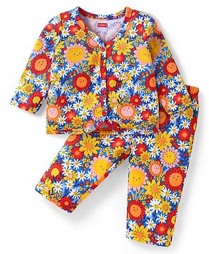 Babyhug Single Jersey Knit Full Sleeves Night Suit With Floral Print - Multi Colour