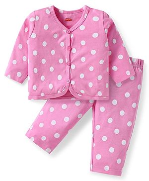 Babyhug Interlock Knit Full Sleeves Night Suit With Polka Dot Print - Pink