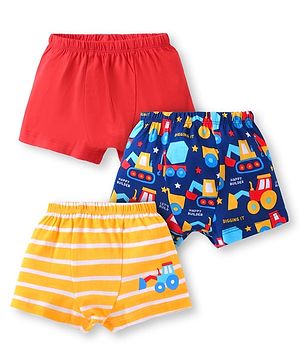 Babyhug Single Jersey Knit Trunks With Striped & Vehicle Print Pack Of 3 - Yellow Blue & Red