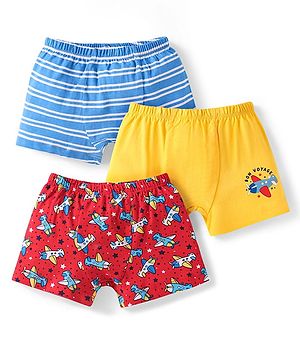 Babyhug 100% Cotton Knit Trunks with Airplane Print & Stripes Pack of 3 - Red Blue & Yellow