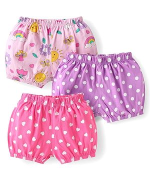 Babyhug 100% Cotton Knit Bloomers with Tropical & Polka Dot Print Pack of 3 - Pink & Purple