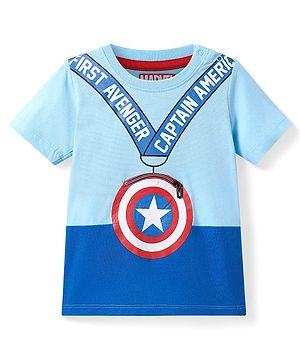 Babyhug Marvel Single Jersey Knit Half Sleeves Cut & Sew T-Shirt With Captain America Logo Applique - Blue
