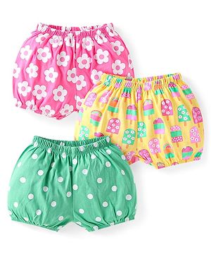 Babyhug Single Jersey Knit Bloomers With Floral Polka Dot & Ice Cream Print Pack of 3 - Yellow Green & Pink